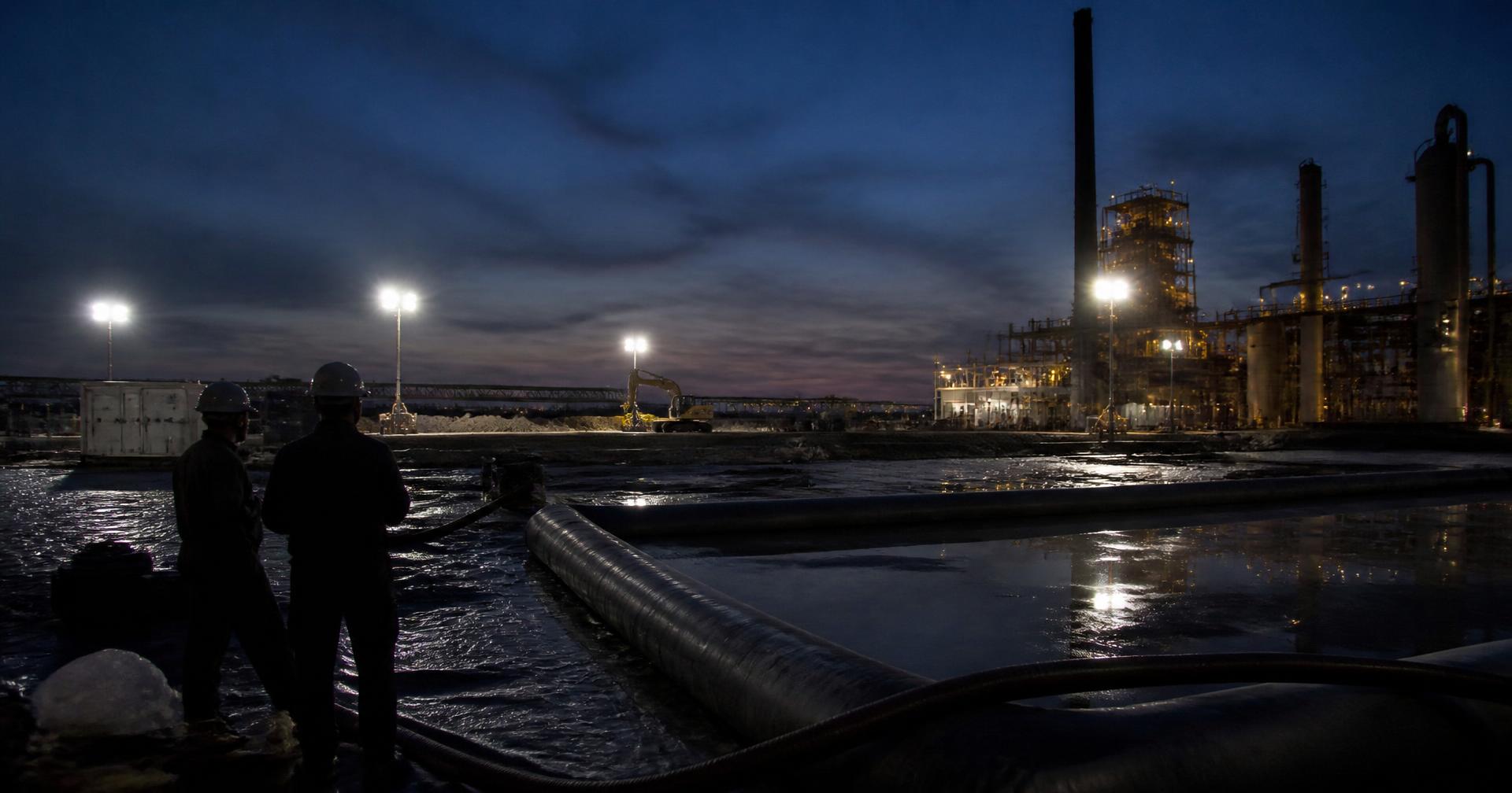 Environmental remediation jobsite at dusk