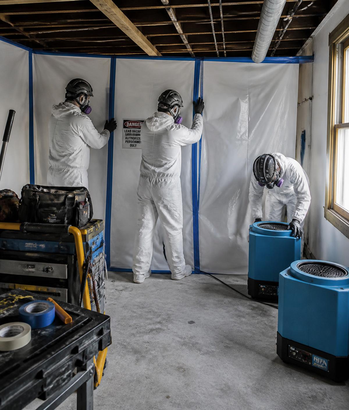 Technicians installing containment barriers and air scrubbers